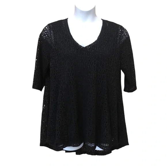 LaVanya Women’s Lace Eyelet Swing Top 1X Black Built-in Tank Top Half Sleeve - Picture 3 of 8